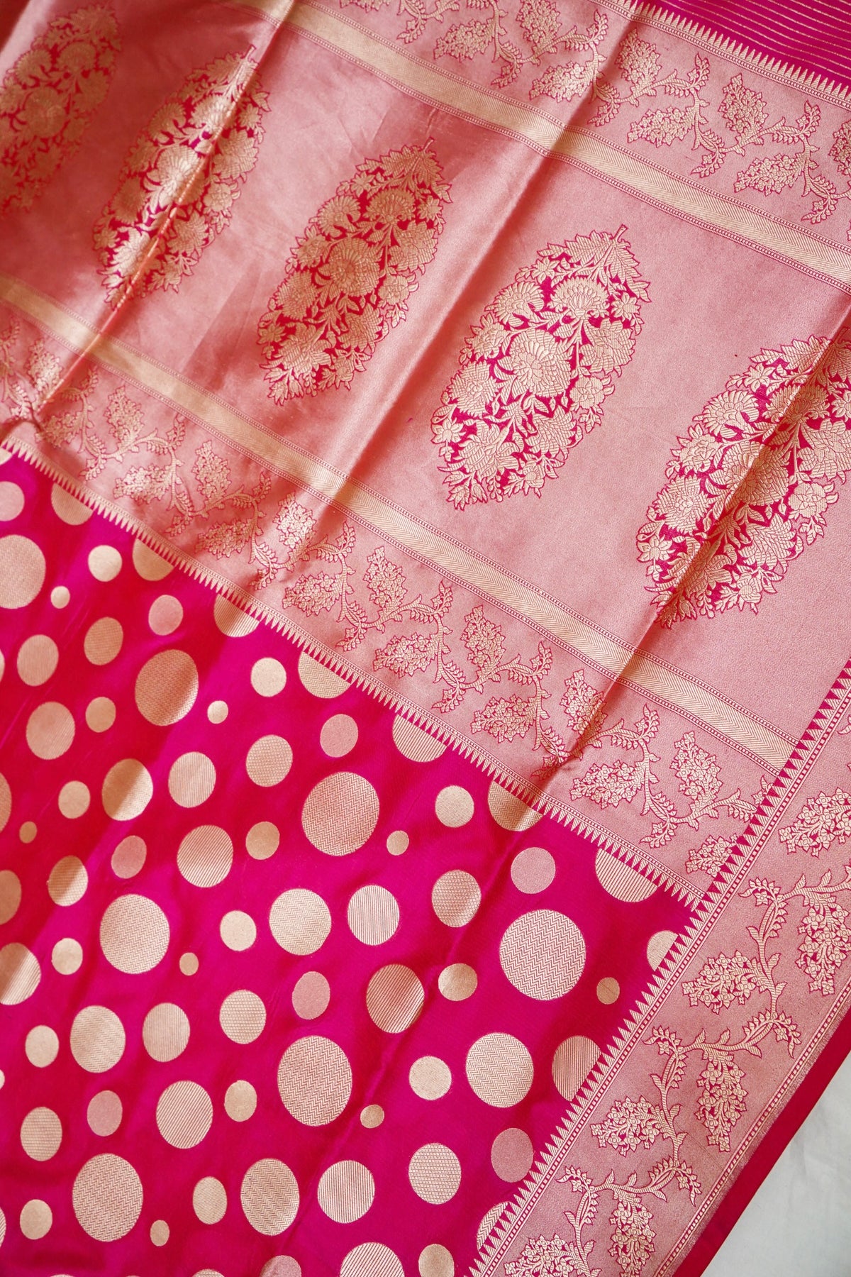 Handwoven Rani Pink Polka Dot Pure Banarasi Katan Silk Saree