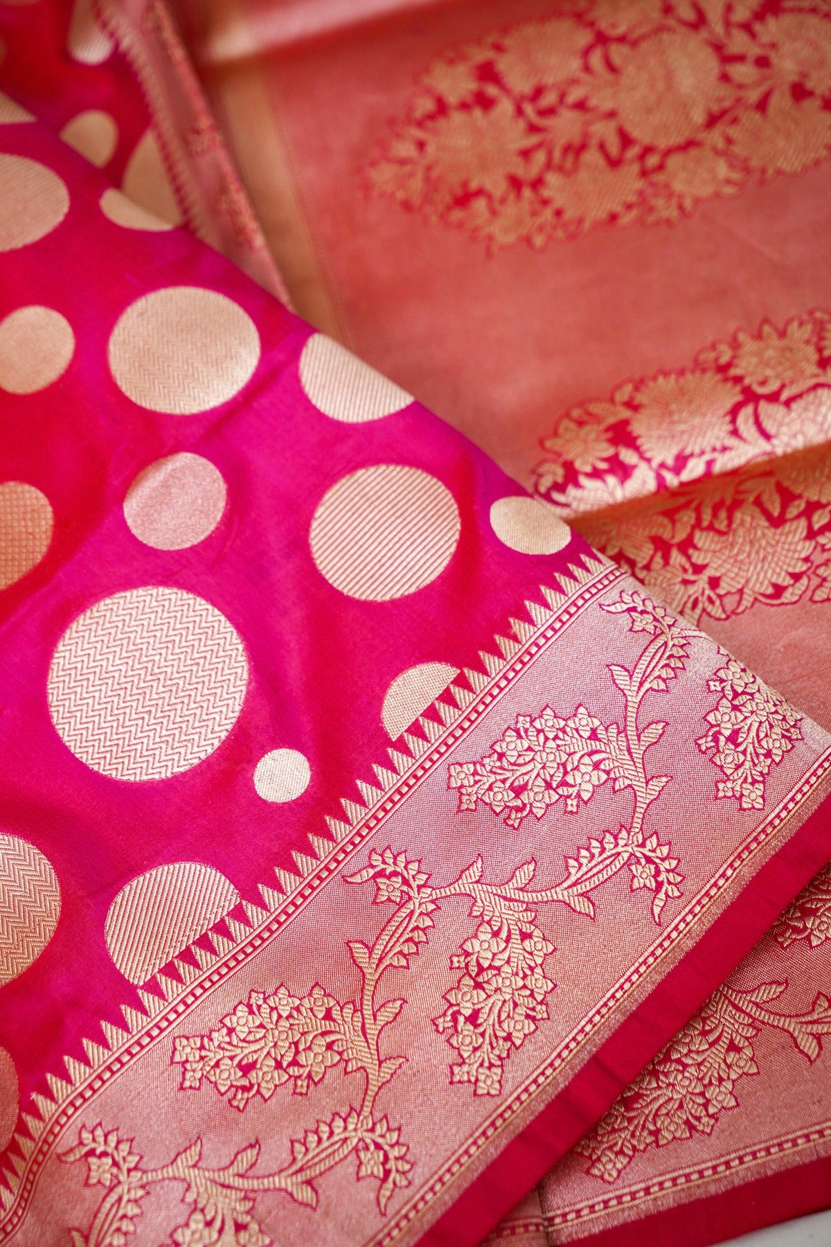Handwoven Rani Pink Polka Dot Pure Banarasi Katan Silk Saree