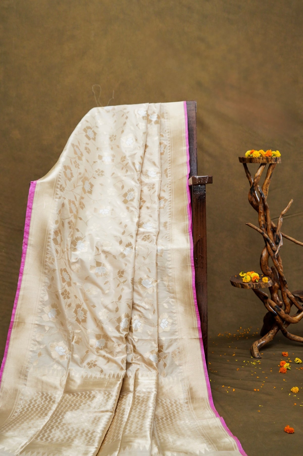 Handwoven Ivory Jaal Pure Banarasi Katan Silk Saree