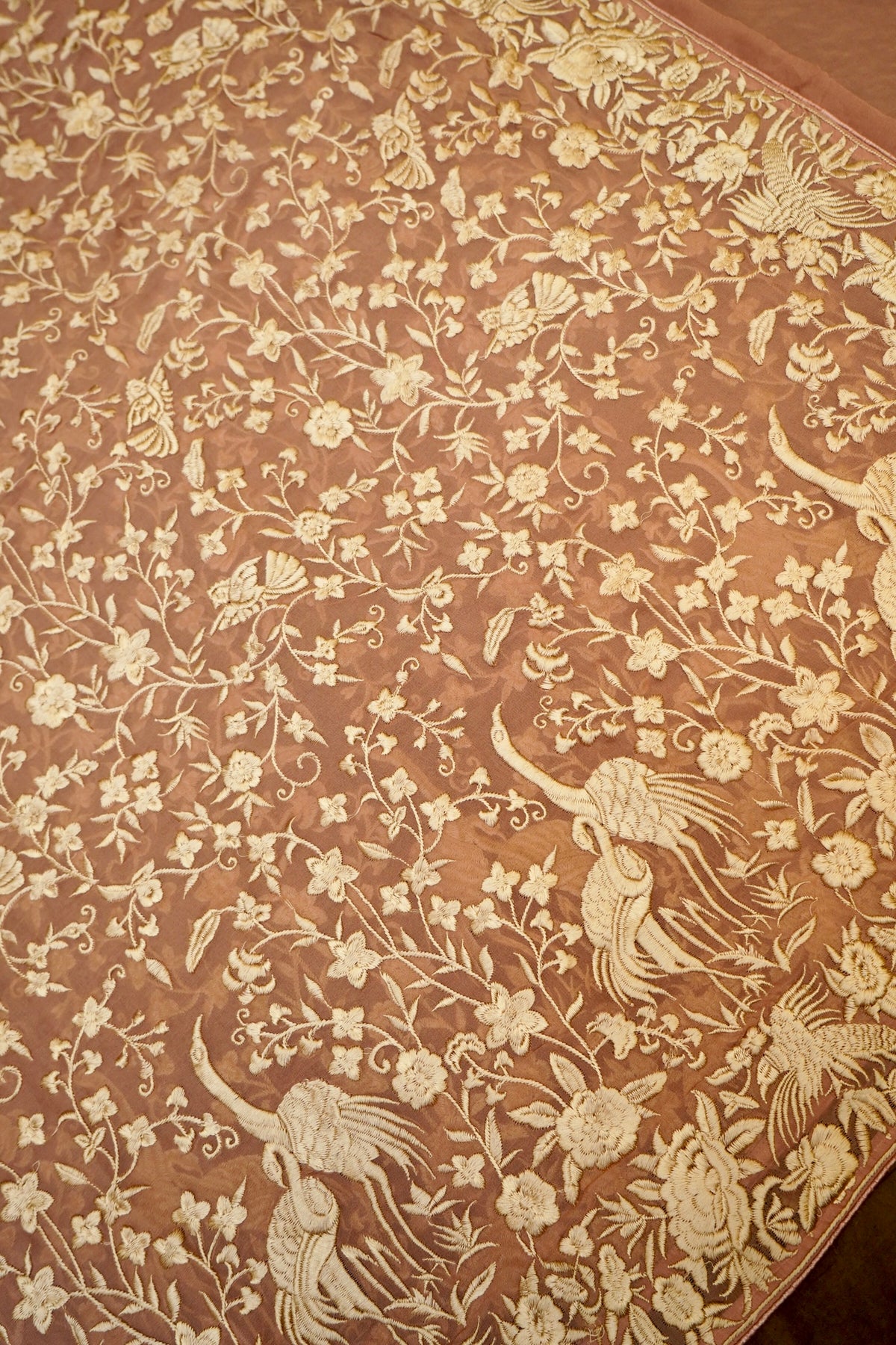 Handwoven Mauve Peach  Banarasi Pure Georgette Flamingo Chikankari Saree