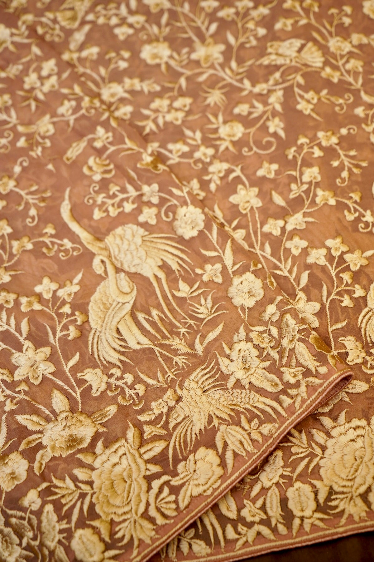 Handwoven Mauve Peach  Banarasi Pure Georgette Flamingo Chikankari Saree