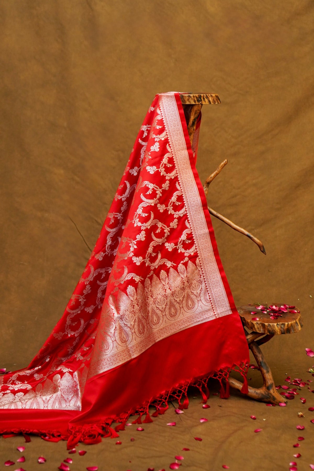 Scarlet Red Banarasi Mashru Silk Dupatta