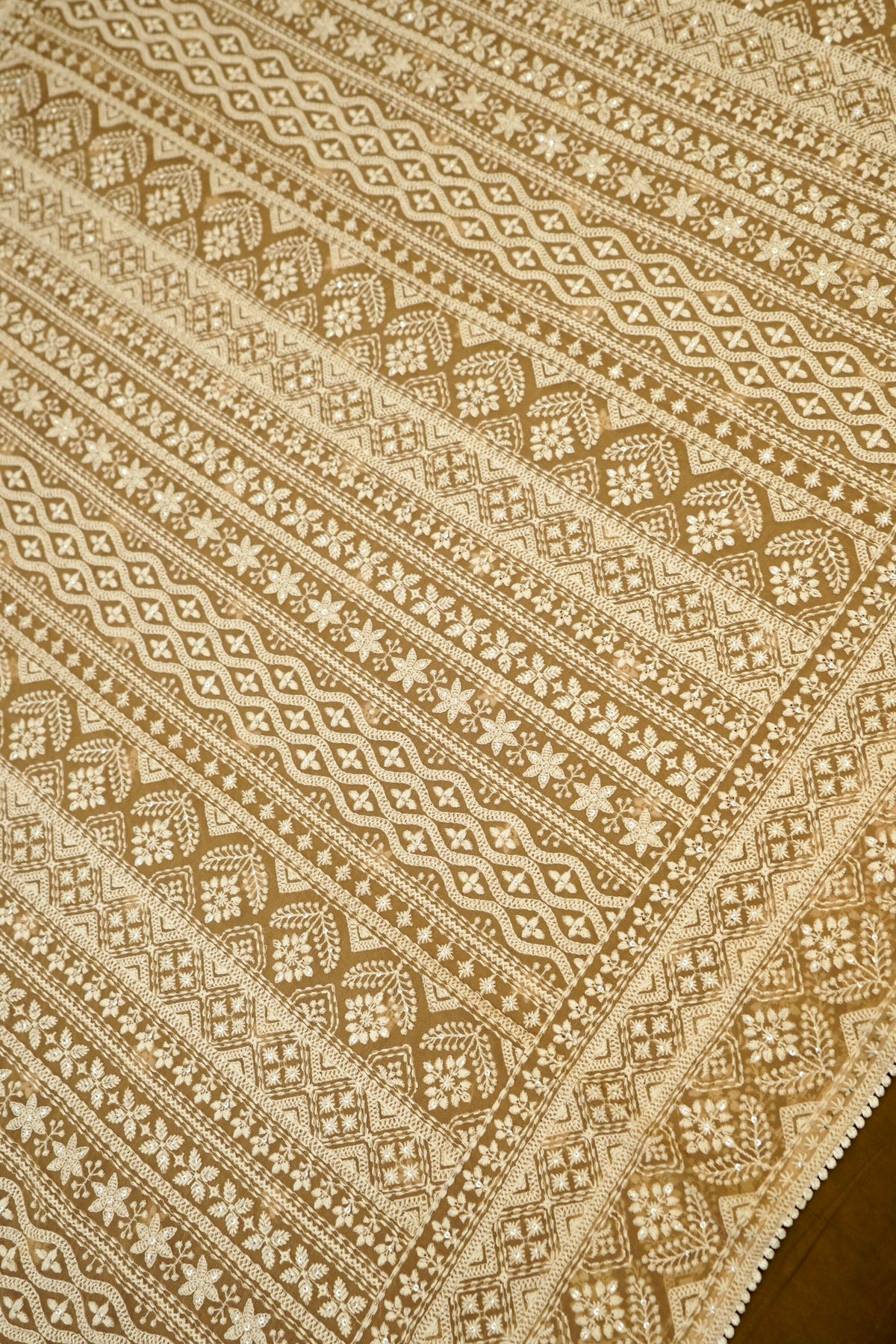 Handwoven Earthy Brown Banarasi Pure Georgette Chikankari Saree