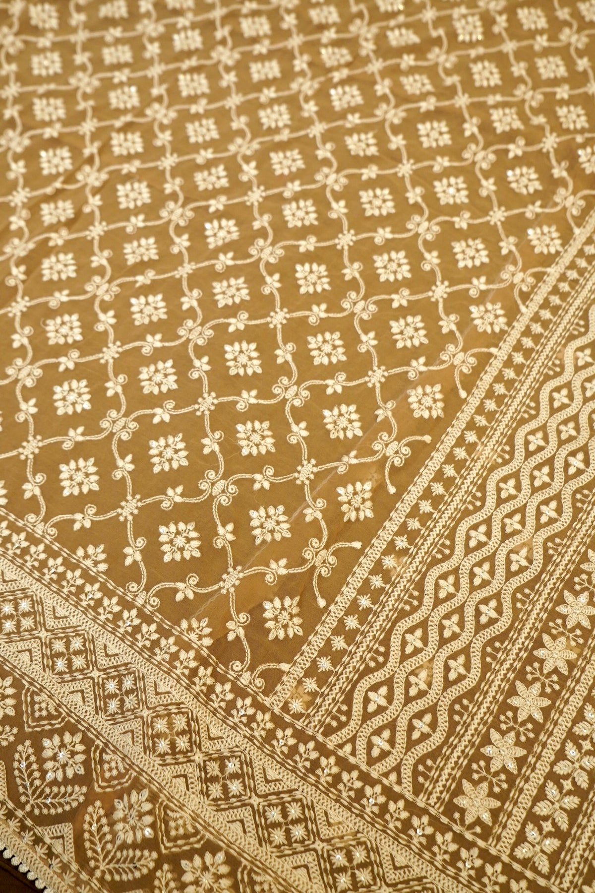 Handwoven Earthy Brown Banarasi Pure Georgette Chikankari Saree
