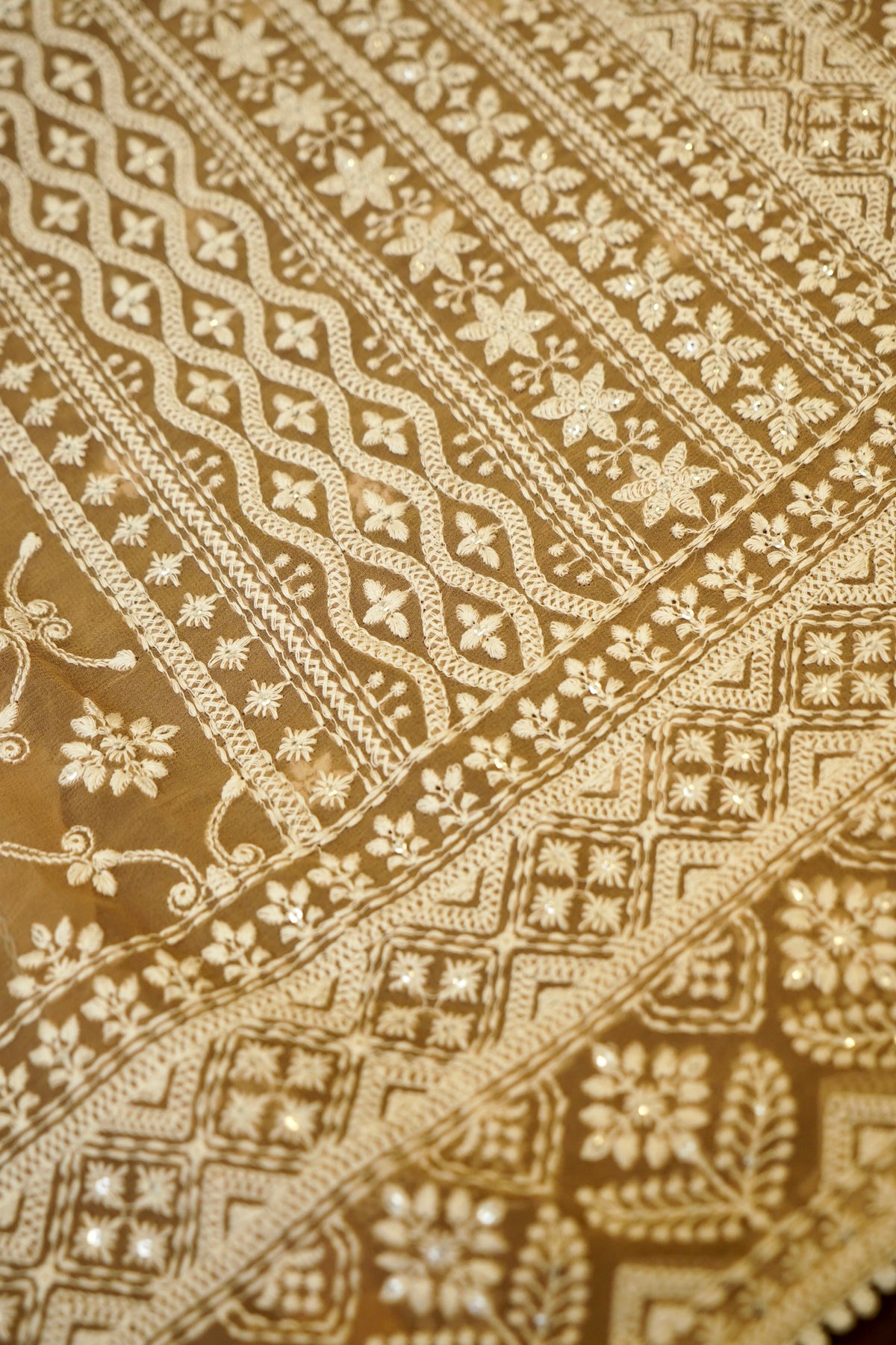 Handwoven Earthy Brown Banarasi Pure Georgette Chikankari Saree