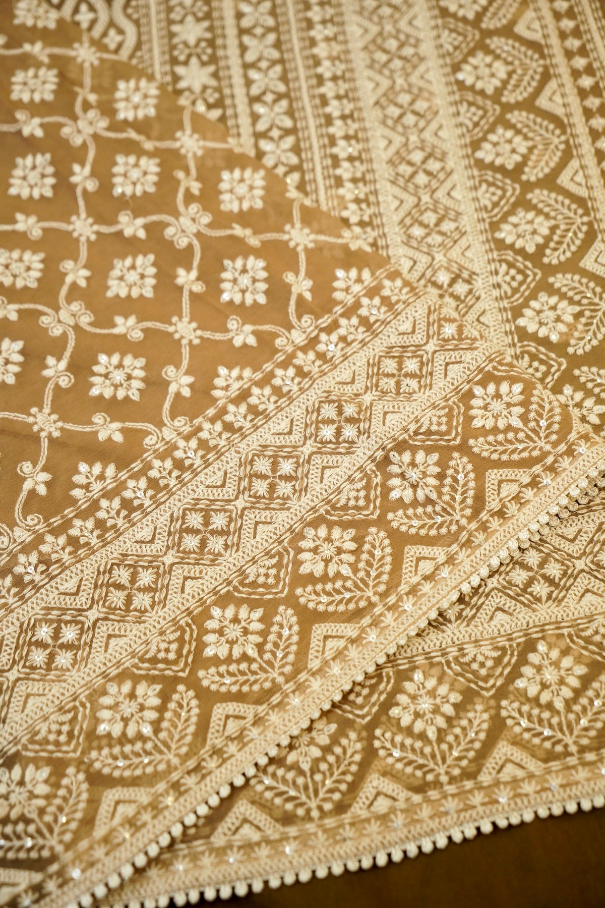 Handwoven Earthy Brown Banarasi Pure Georgette Chikankari Saree