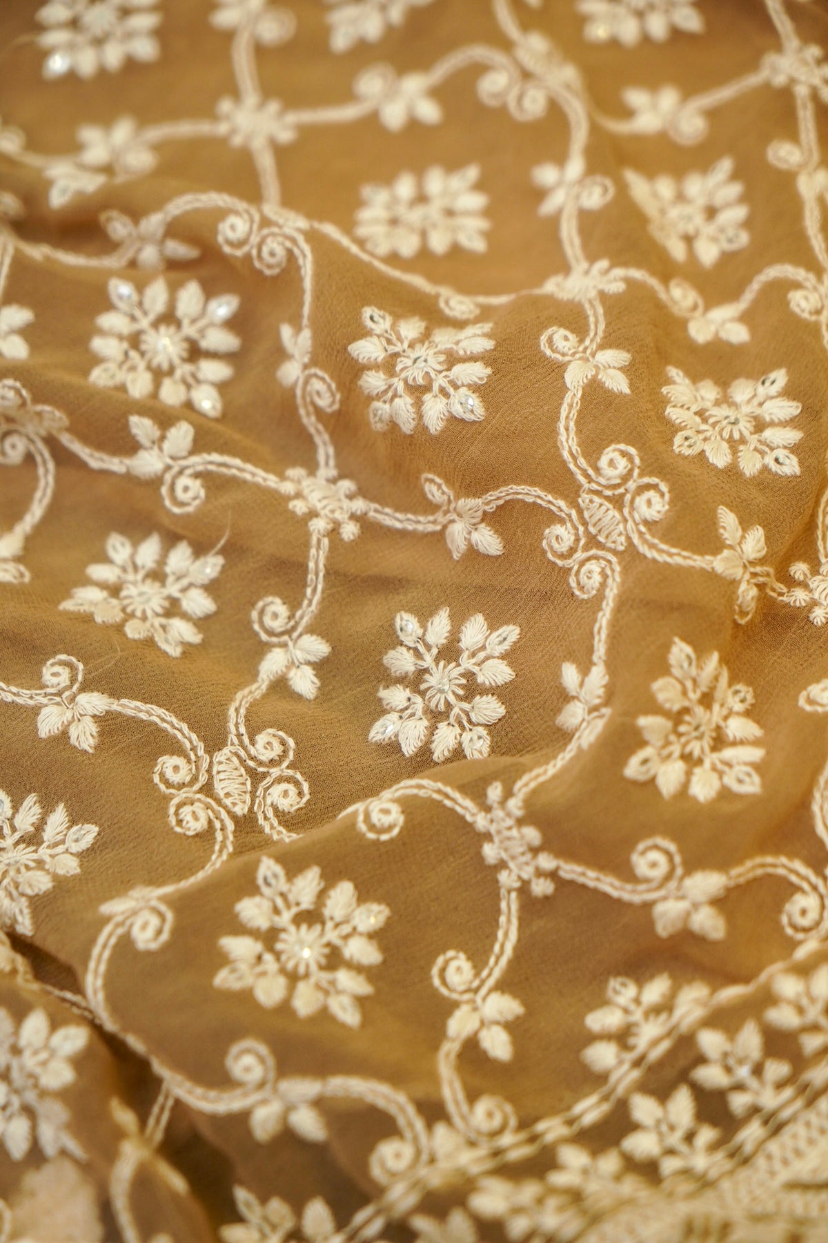 Handwoven Earthy Brown Banarasi Pure Georgette Chikankari Saree