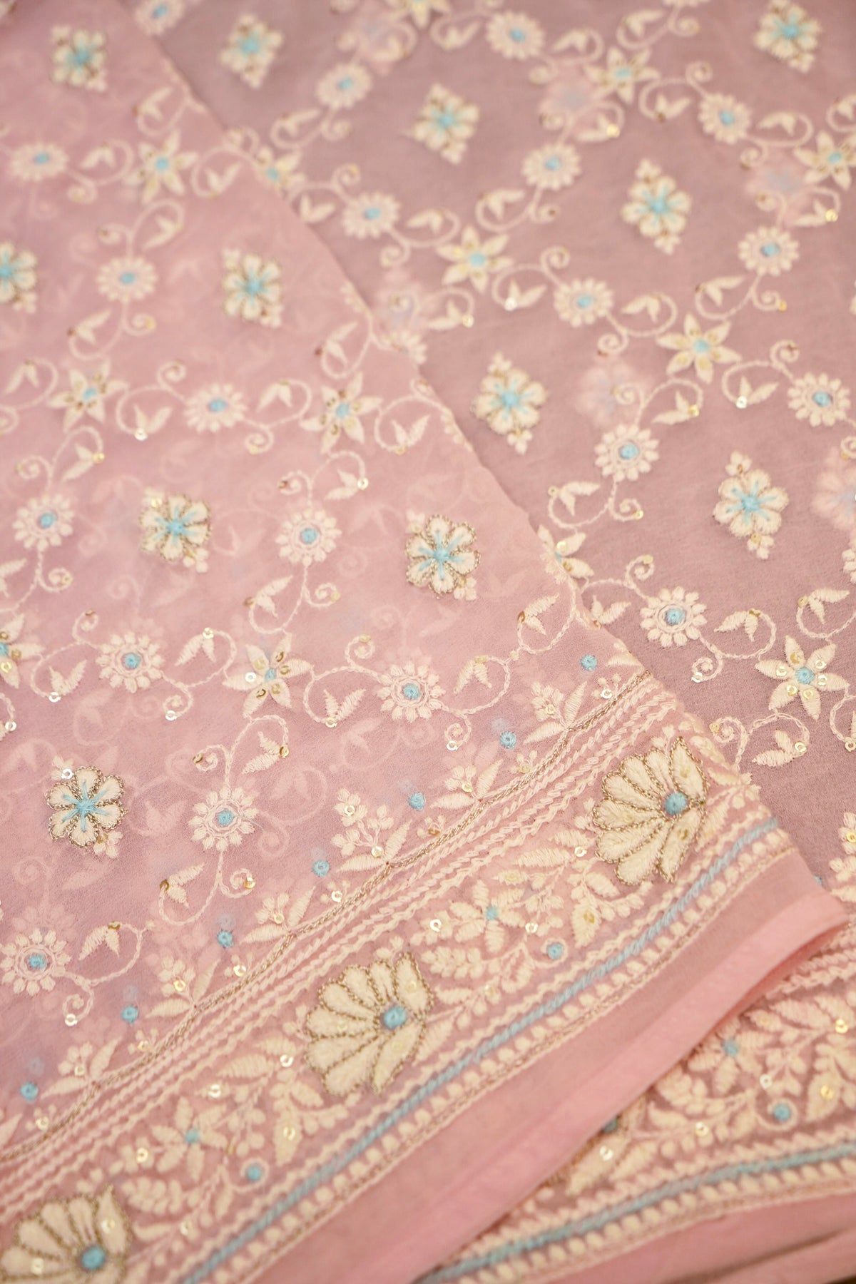 Handwoven Baby Pink Banarasi Pure Georgette Chikankari Saree