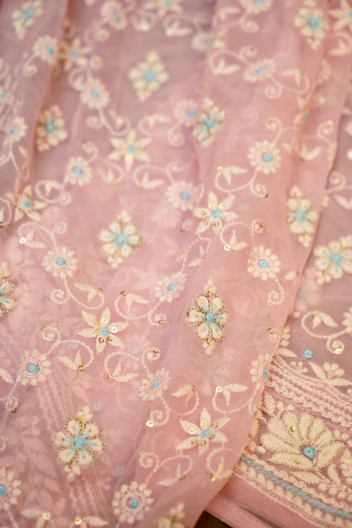 Handwoven Baby Pink Banarasi Pure Georgette Chikankari Saree