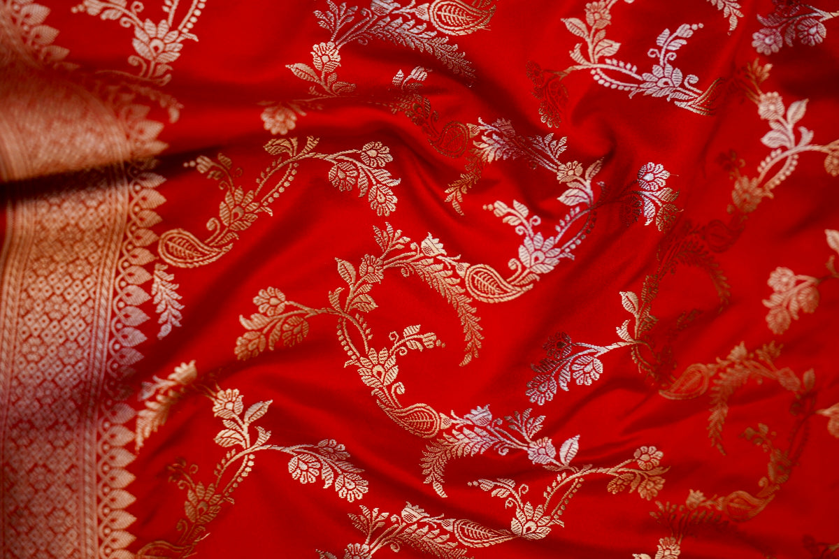 Scarlet Red Banarasi Mashru Silk Dupatta