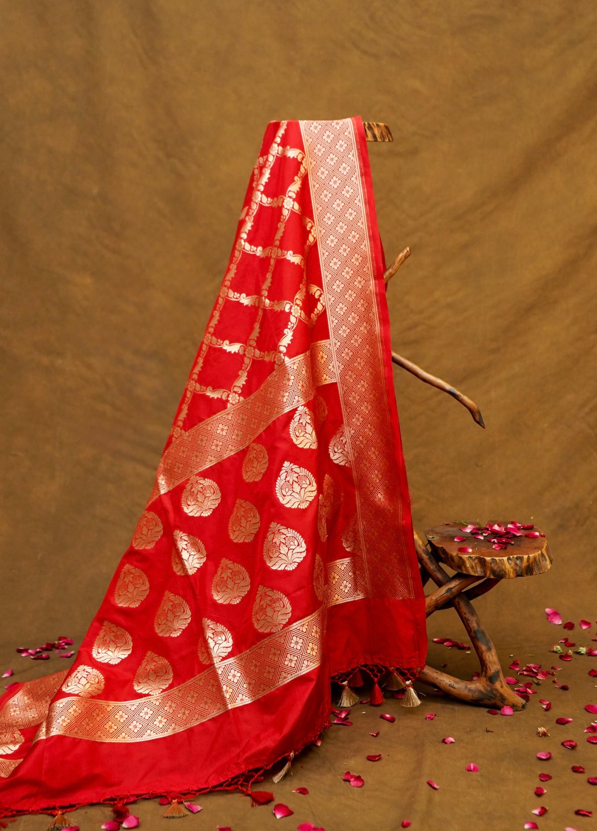 Cherry Red Banarasi Katan Silk Dupatta
