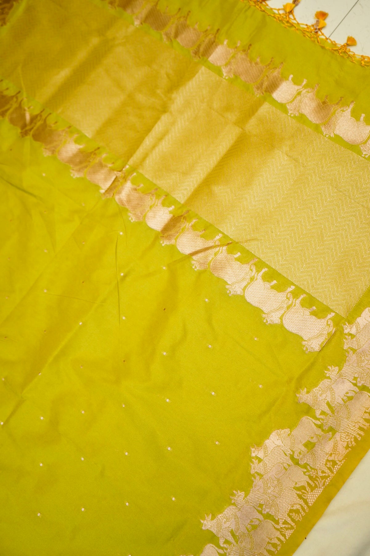 Lime Green Banarasi Shikargah Katan Silk Dupatta.
