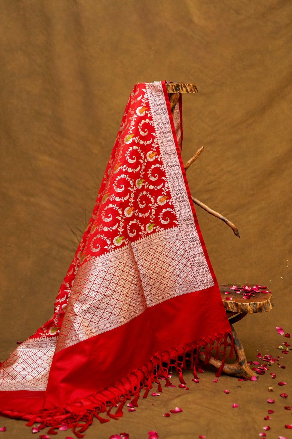 Dark Red Meenakari Banarasi Mashru Silk Dupatta