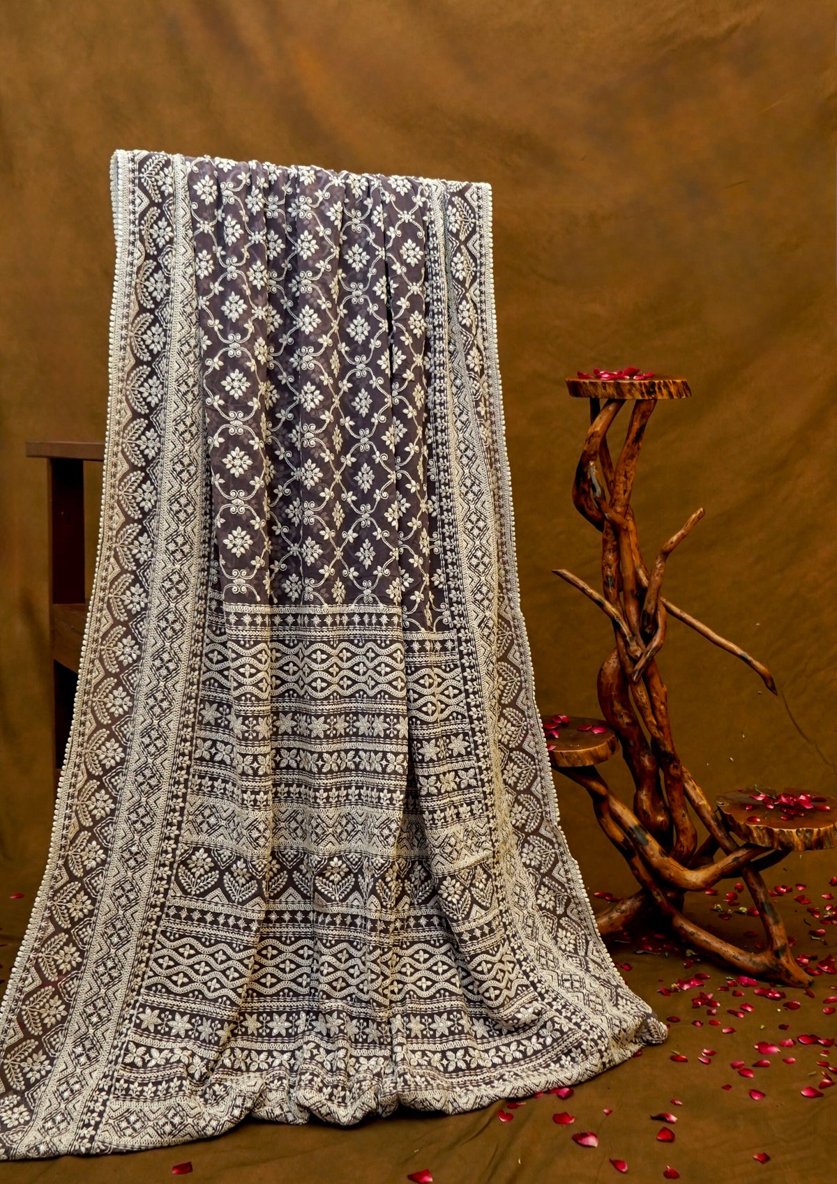 Handwoven Dusty Lavender Banarasi Pure Georgette Chikankari Saree