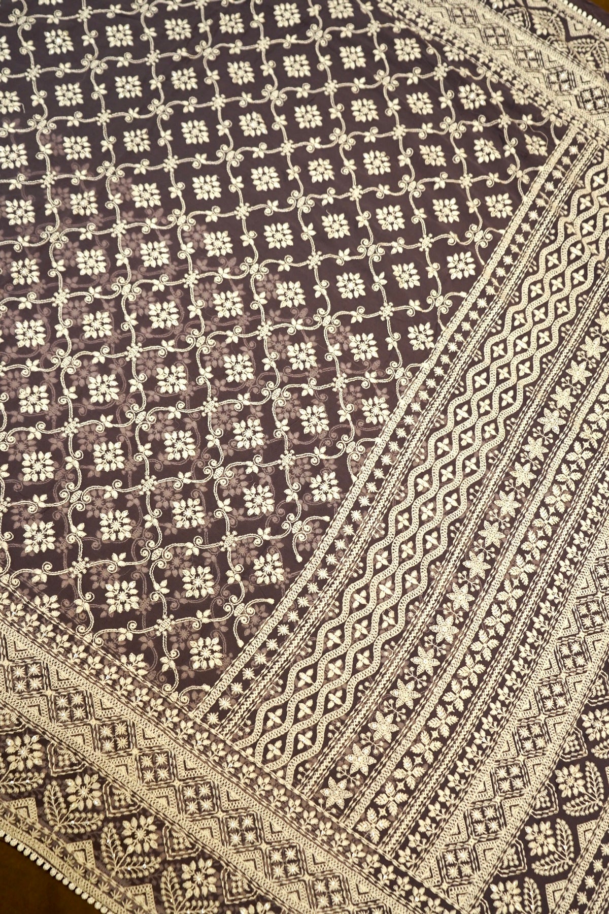 Handwoven Dusty Lavender Banarasi Pure Georgette Chikankari Saree